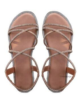 Women's Rhinestone Strappy Flat Sandals Sparkly Dressy Slip On Summer